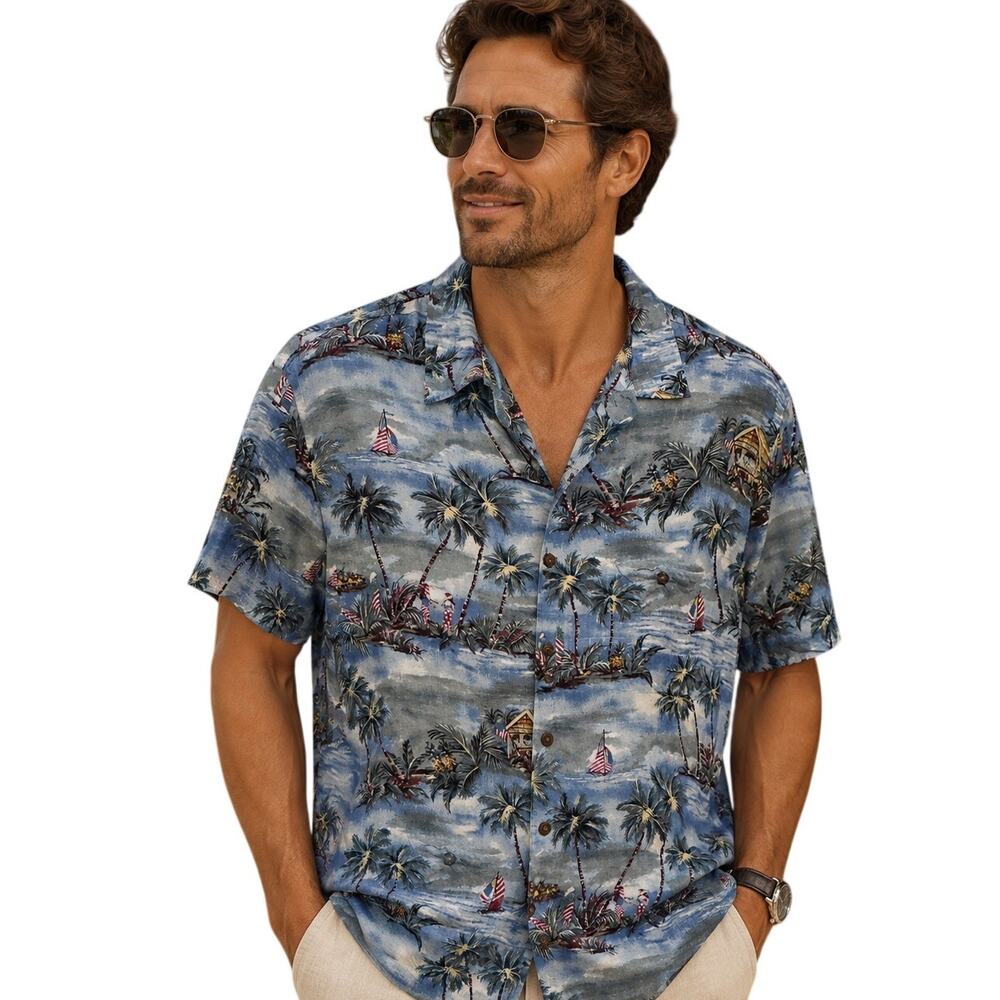 Batik Bay Camp Shirt Mens Large Blue Hawaiian Sailboat Button Aloha Islands